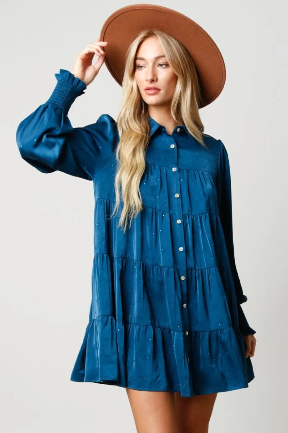 Peach Love California Teal Rhinestone Button Down Shirt Dress