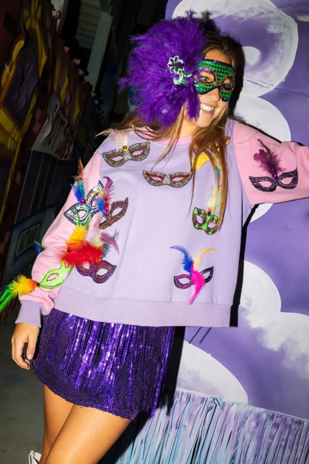 Queen of Sparkles Mardi Gras Feather Mask Sweatshirt