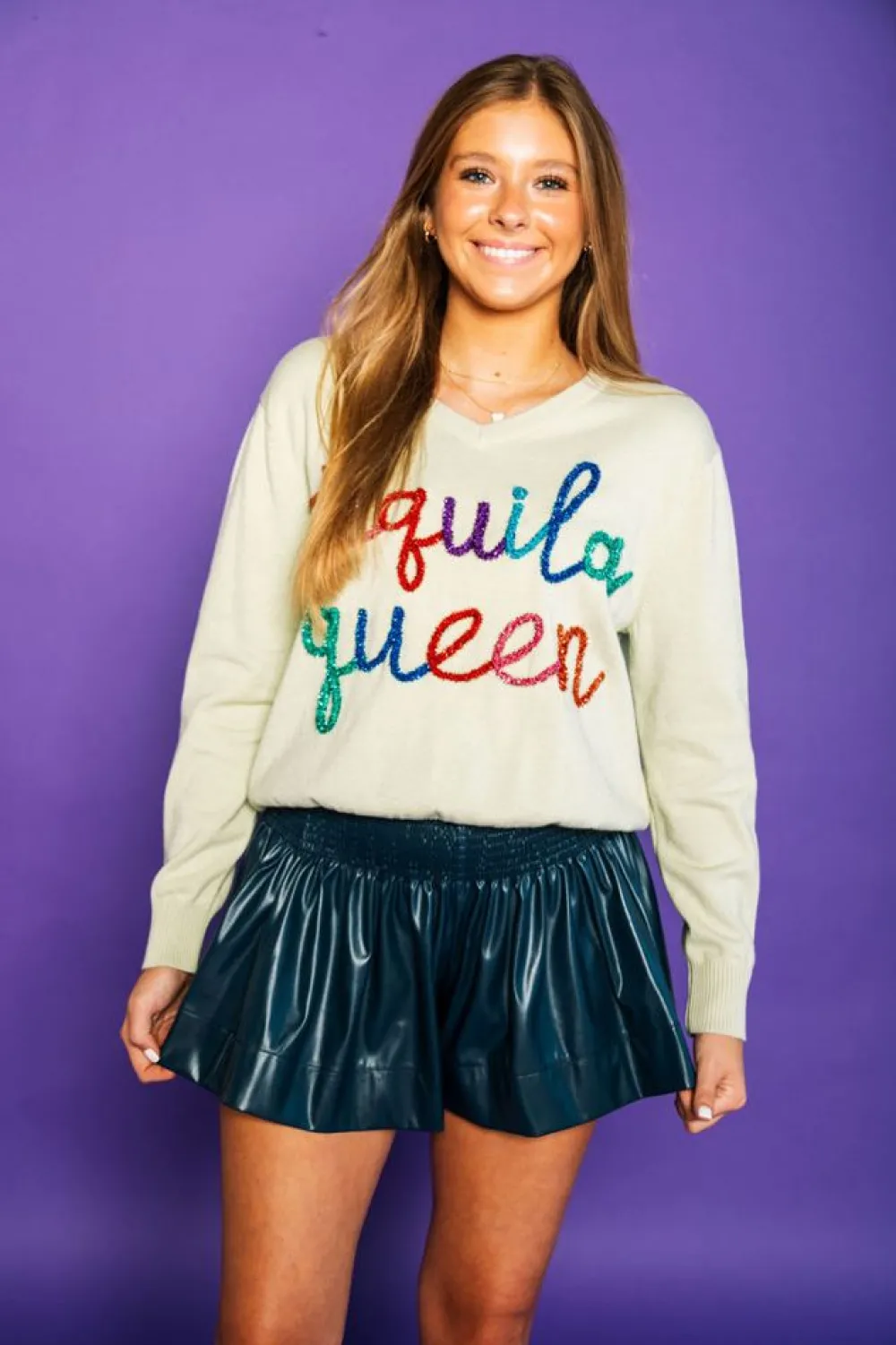 Queen of Sparkles Navy Leather Swing Short