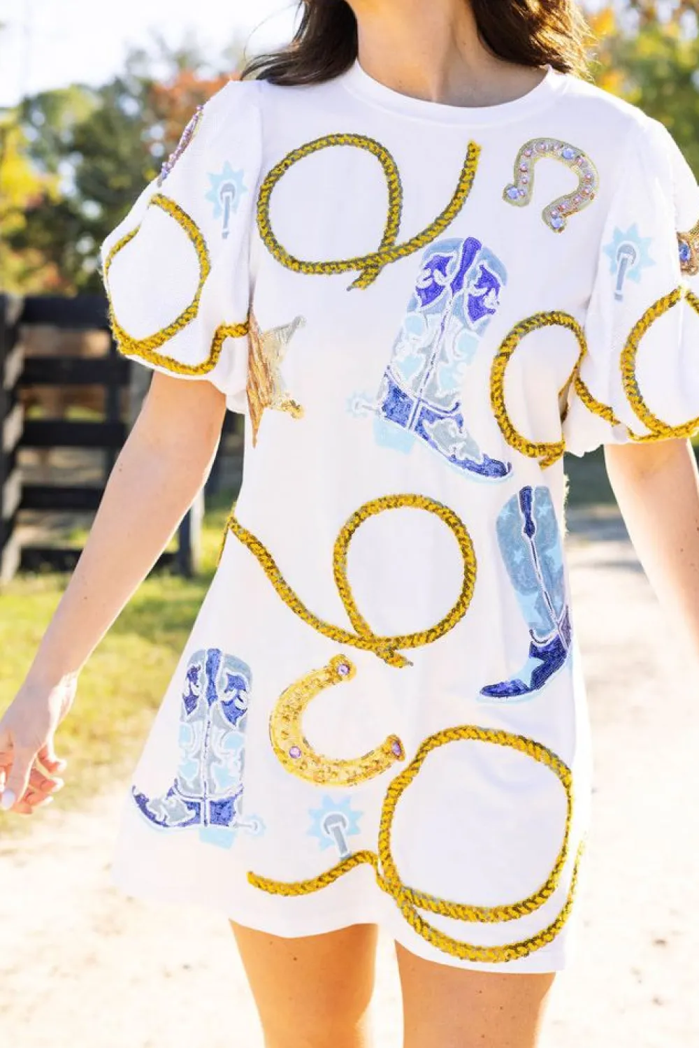 Queen of Sparkles White Cowgirl Icon Poof Sleeve Dress