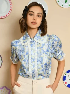Sister Jane Sky Floral Ruffle Blouse - Cornflower Blue