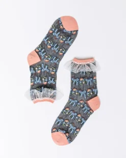 Sock Candy Floral Bow Ruffle Black Sheer Ankle Sock
